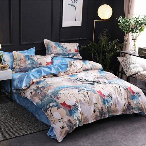  BeddingWish Polyester Floral Duvet Cover Sets for Women Girls White Orange Flowers String Printed 1 Comforter Cover with Ziper + 2 Pillowcases, Navy Blue Beige Queen Size