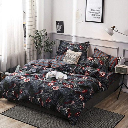  BeddingWish Polyester Floral Duvet Cover Sets for Women Girls White Orange Flowers String Printed 1 Comforter Cover with Ziper + 2 Pillowcases, Navy Blue Beige Queen Size