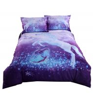 Beddinginn Purple Unicorn Bedding Set Girls 3D Unicorn Bed Cover Flying Butterfly Print Soft Flat Sheet Set No Comforter Full(79×89/200×225 cm)
