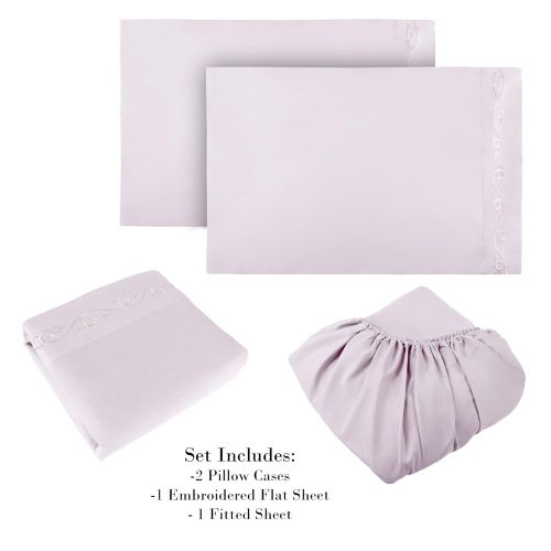  Embroidered Brushed Microfiber Sheets Set- Soft, Hypoallergenic, Wrinkle Resistant 4 Piece Sheet Set by Bedford Home (Queen) (Lavender)