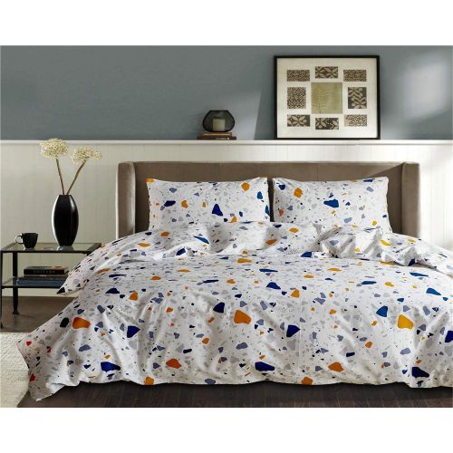  Bedlifes White Duvet Cover Set Queen Cotton Modern Bedding Set Colorful Stones Printed (1 Duvet Cover+2 Pillow Shams) with Zipper Closure and Ties for Girls Kids Womens Boys(3PCS Q