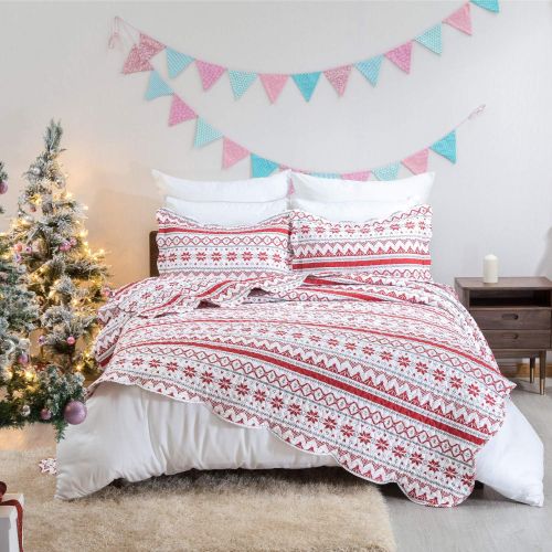  [아마존 핫딜] [아마존핫딜]Bedsure Christmas Quilt Set Twin Size (68x86 inches) - Festive Printed Pattern - Soft Microfiber Lightweight Coverlet Bedspread for All Season - 2-Piece Bedding (1 Quilt + 2 Pillow