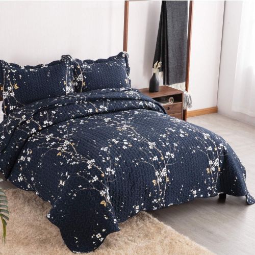  [아마존핫딜][아마존 핫딜] Bedsure Quilt Set Navy King Size Plum Blossom (106x96 inches) Bedspread, Lightweight Coverlet Quilt for Spring and Summer, 1 Quilt and 2 Pillow Shams