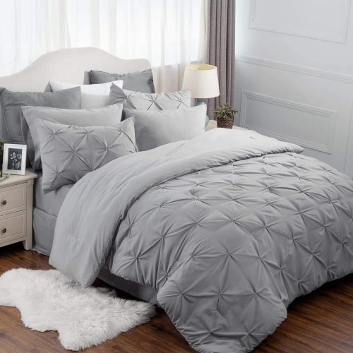  Bedsure Full Size Comforter Sets - 8 Pieces Pintuck Bed Set Full Size, Grey Full Size Bed in A Bag with Comforters, Sheets, Pillowcases & Shams, Kids Bedding Set