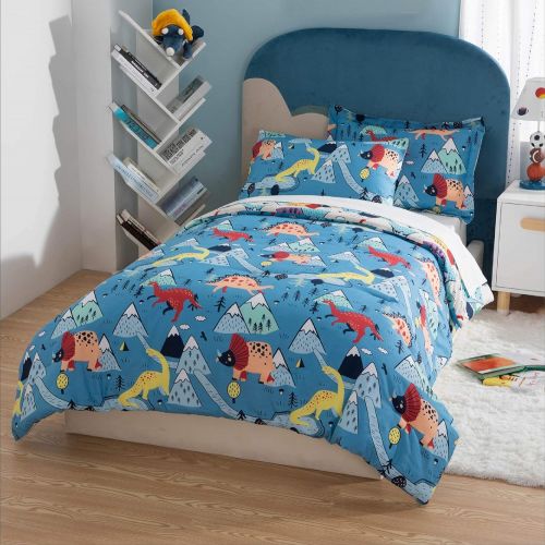  [아마존베스트]Bedsure Kids Twin Bedding Sets for Boys, Dinosaur Bedding, 5 Pieces Bed in a Bag, Easy Care Super Soft Microfiber Comforter and Sheets Set (Blue,Twin)