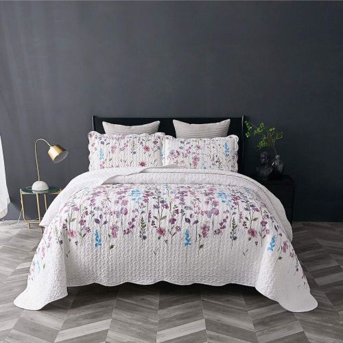  Bedsure Queen/Full Size (90x96) 3-Piece Quilt Set Coverlet, Lilac Flower Pattern, Lightweight Design for Spring and Summer, 1 Quilt and 2 Pillow Shams