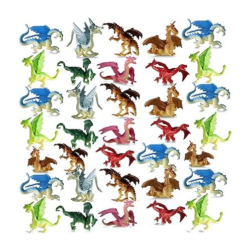  Bedwina Mini Dragon Toy Figures - (Pack of 36) 2 Inch Plastic Rubbery Dragon Figurines in Assorted Colors and Styles - Kids Toys for Birthday Party Favors, Decorations, Cupcake Toppers and Pinatas