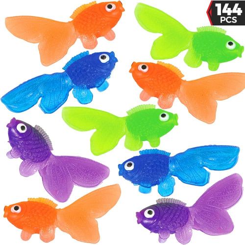  Bedwina Plastic Vinyl Goldfish - 144 Pcs, 2 Inches Long Gold Fish Toys in Assorted Colors for Party Favors, Carnival Kids Prizes, Decorations, Crafts, Games and Birthday Party Supplies, St