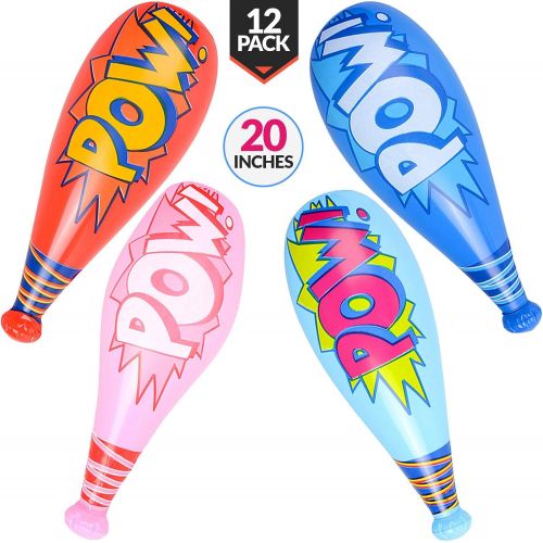  Bedwina Pow Inflatable Baseball Bats - (Pack of 12) Oversized 20 Inch Inflatable Toy Bat, Carnival Prizes, Goodie Bag Favors or Superhero Birthday Party Prizes for Kids