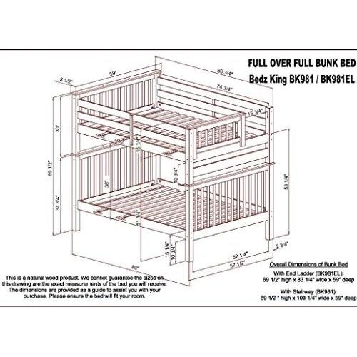  Bedz King Bunk Beds Full over Full Mission Style with End Ladder and 2 Under Bed Drawers, White