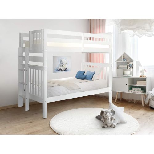  Bedz King Tall Bunk Beds Twin over Twin Mission Style with End Ladder, Honey