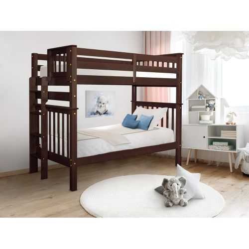  Bedz King Tall Bunk Beds Twin over Twin Mission Style with End Ladder, Honey