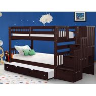 Bedz King Stairway Bunk Beds Twin over Twin White with 3 Drawers in the Steps and a Twin Pink Trundle