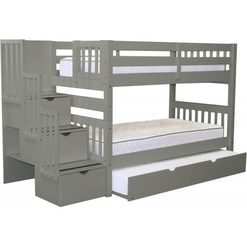  Bedz King Stairway Bunk Beds Twin over Twin White with 3 Drawers in the Steps and a Twin Pink Trundle