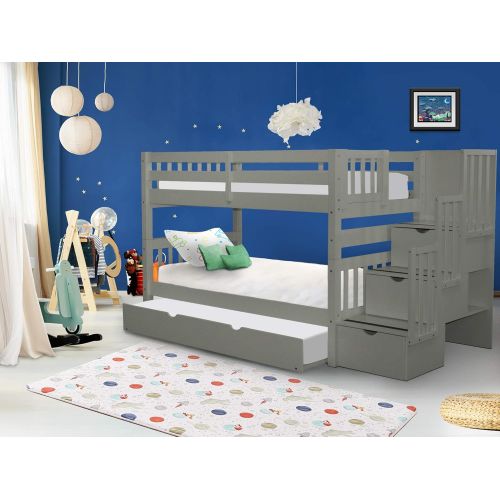  Bedz King Stairway Bunk Beds Twin over Twin White with 3 Drawers in the Steps and a Twin Pink Trundle