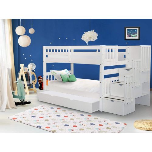  Bedz King Stairway Bunk Beds Twin over Twin White with 3 Drawers in the Steps and a Twin Pink Trundle