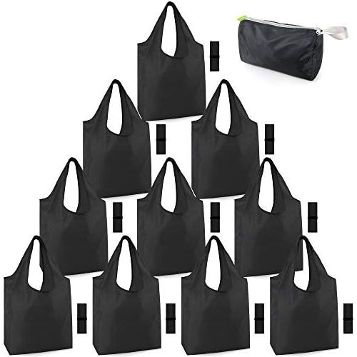  [아마존베스트]BeeGreen Xlarge Reusable Bags Shopping Washable Foldable 10 Pack Grocery bags Reusable 50LBS Heavy Duty Lightweight Folding with Elastic Band Gift Tote Bags Durable Polyester Black