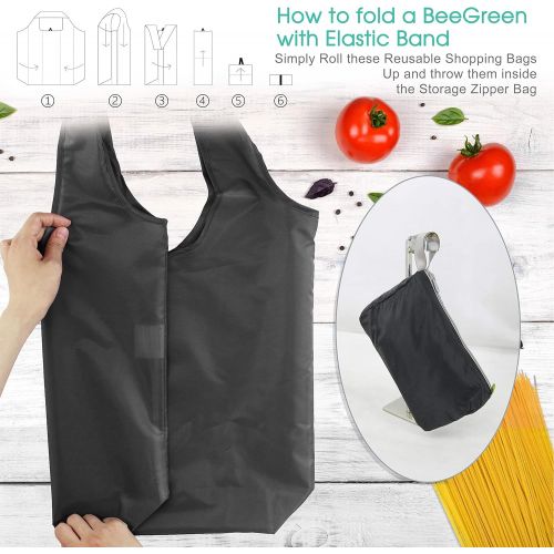  [아마존베스트]BeeGreen Xlarge Reusable Bags Shopping Washable Foldable 10 Pack Grocery bags Reusable 50LBS Heavy Duty Lightweight Folding with Elastic Band Gift Tote Bags Durable Polyester Black