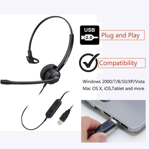  BeeBang Mono USB Headset Headphone with Microphone Noise Cancelling for Skype Microsoft Lync Voice...