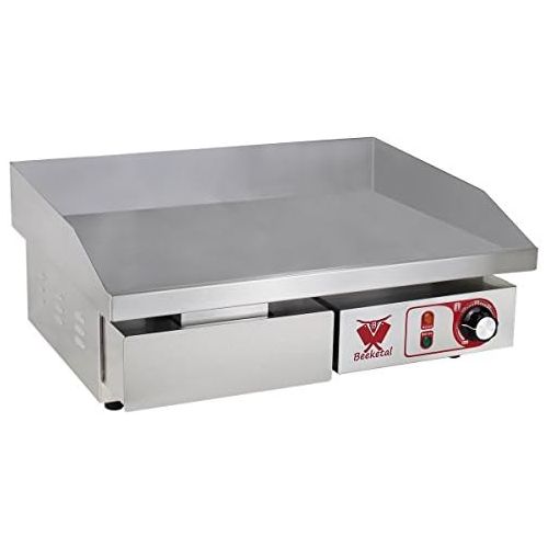  Beeketal BGP-b Profi Gastro Gusseisen Grillplatte elektrisch mit 55 x 35 cm Grillflache (glatt & geriffelt), stufenlos 50-300 °C (3000W), Elektrogrill mit Spritzschutz und Fett Auf