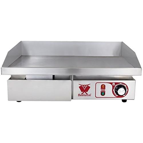  Beeketal BGP-b Profi Gastro Gusseisen Grillplatte elektrisch mit 55 x 35 cm Grillflache (glatt & geriffelt), stufenlos 50-300 °C (3000W), Elektrogrill mit Spritzschutz und Fett Auf