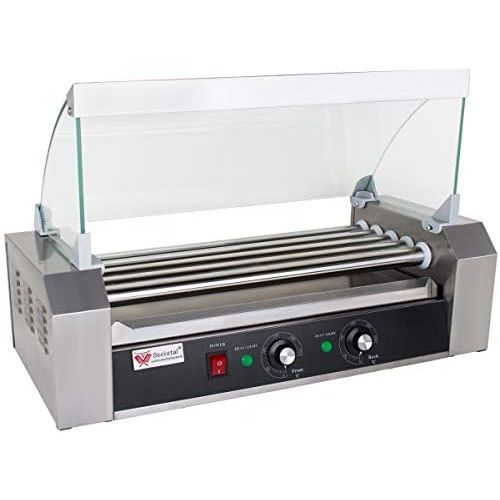  Beeketal BH5WG Profi Hot Dog Grill mit 5 rotierenden Heizstaben, Edelstahl Wuerstchen Grill Gerat mit Fettauffangschublade und Glas Abdeckhaube, 2 Heizzonen separat stufenlos regelb