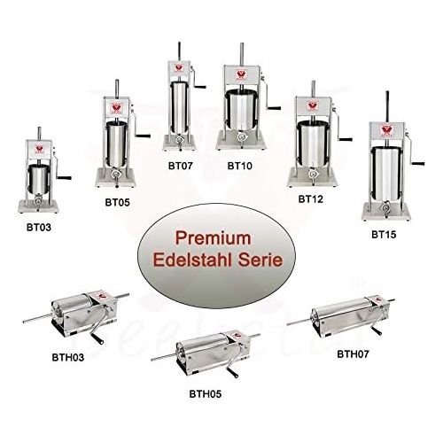  Beeketal BTH03K Edelstahl Industrie Wurstfuellmaschine 3 L Volumen (horizontal) mit Kebap Spiess Aufsatz, Wurstfueller mit 2 Gang Metall-Getriebe, inkl. 5 Tuellen, Kebap Aufsatz und 10