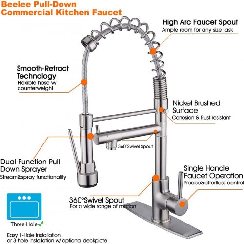  Beelee BL0783NP 20 Contemporary Spring Single Handle Kitchen Sink Faucet with Pull Down Sprayer, Brushed Nickel