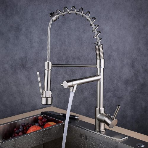  Beelee BL0783NP 20 Contemporary Spring Single Handle Kitchen Sink Faucet with Pull Down Sprayer, Brushed Nickel