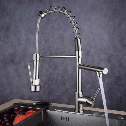  Beelee BL0783NP 20 Contemporary Spring Single Handle Kitchen Sink Faucet with Pull Down Sprayer, Brushed Nickel