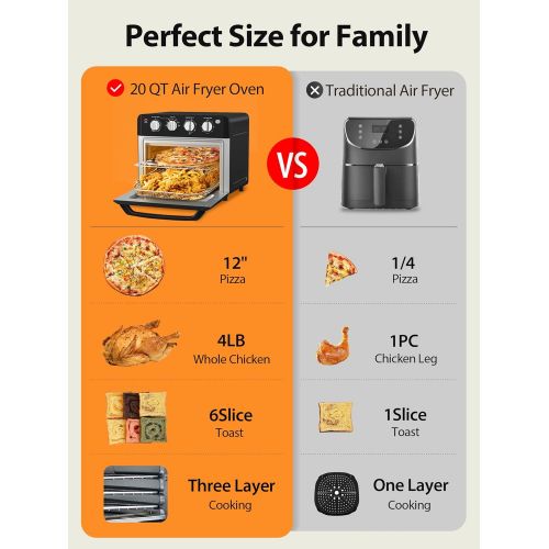  Beelicious Air Fryer Toaster Oven Combo, 6 Slice 20QT Large Air Fryer Oven, 12 Pizza Convection Oven Countertop 7 in 1, Include Accessories & Cookbook, Matte Black, ETL Certified