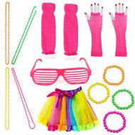 Beelittle 80s Women Costume Accessories Set 1980s Fancy Outfit Earing Necklace Fishnet Gloves Leg Warmers Tutu Skirt