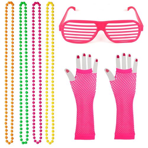  Beelittle 80s Women Costume Accessories Set 1980s Fancy Outfit Earing Necklace Fishnet Gloves Leg Warmers Tutu Skirt