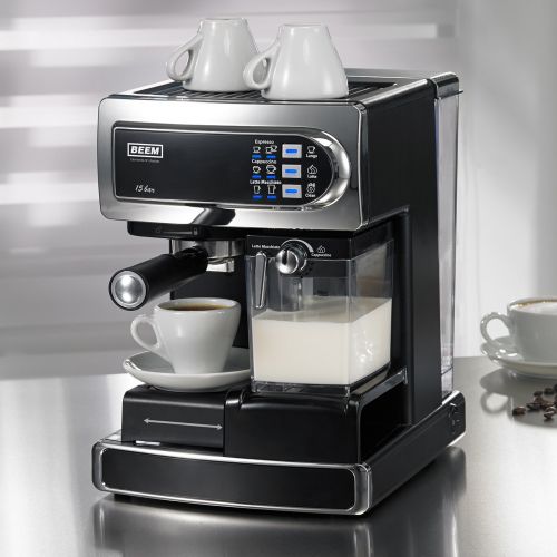  Beem BEEM i-Joy Cafe 15 bar, Espresso-Siebtraegermaschine mit 15 bar und integriertem Milchaufschaeumer, chrom-schwarz