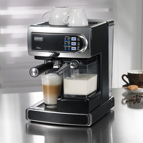  Beem BEEM i-Joy Cafe 15 bar, Espresso-Siebtraegermaschine mit 15 bar und integriertem Milchaufschaeumer, chrom-schwarz