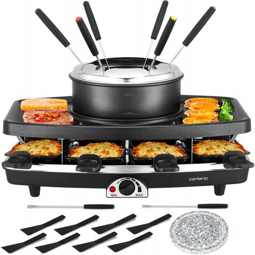  Befano Electric Raclette BBQ Grill with Fondue Pot Sets, Portable Korean Table Grill Electric Indoor Cheese Raclette, Dual Adjustable Thermostats, 8 People Serve Perfect for Partie