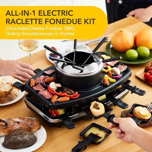  Befano Electric Raclette BBQ Grill with Fondue Pot Sets, Portable Korean Table Grill Electric Indoor Cheese Raclette, Dual Adjustable Thermostats, 8 People Serve Perfect for Partie