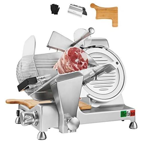  [아마존베스트]Befano All-purpose slicer, cutting thickness 0-12 mm, with integrated knife sharpener, chopping board, spring clamp, gloves, slicer electric for meat, sausage, bread, vegetables (r