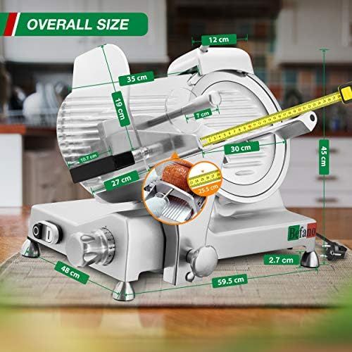  [아마존베스트]Befano All-purpose slicer, cutting thickness 0-12 mm, with integrated knife sharpener, chopping board, spring clamp, gloves, slicer electric for meat, sausage, bread, vegetables (r