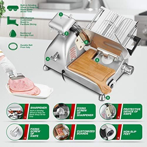  [아마존베스트]Befano All-purpose slicer, cutting thickness 0-12 mm, with integrated knife sharpener, chopping board, spring clamp, gloves, slicer electric for meat, sausage, bread, vegetables (r