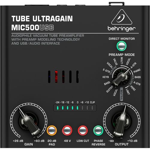  Behringer},description:The TUBE ULTRAGAIN MIC500USB’s handselected 12AX7 vacuum tube gives everything from microphones to acoustic or bass guitars a vintage tube sound in a dependa