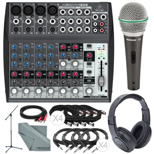  Photo Savings Behringer XENYX 1202 12 Channel Audio Mixer and Platinum Bundle w Samson Dynamic Mic + Closed-Back Headphones + Full-Size Mic Stand + More