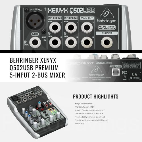  Photo Savings Behringer Xenyx Q502USB Premium 5-Input 2-Bus Mixer with Closed-Back Headphones and Deluxe Bundle