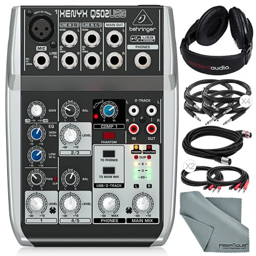  Photo Savings Behringer Xenyx Q502USB Premium 5-Input 2-Bus Mixer with Closed-Back Headphones and Deluxe Bundle