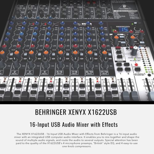  Photo Savings Behringer XENYX X1622USB 16-Input USB Audio Mixer with Effects and Samson Dynamic Microphone, Stereo Headphones, Deluxe Bundle