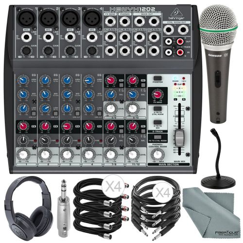  Photo Savings Behringer XENYX 1202 12 Channel Audio Mixer and Deluxe Bundle w Samson Dynamic Mic + Closed-Back Headphones + Desktop Mic Stand + More