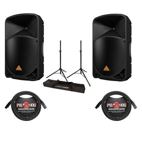  Behringer 2 Pack EUROLIVE B115D Active 1000-Watt 2-Way 15 PA Speaker System - Bundle with 2 Pack 15 8mm XLR Microphone Cable, Ultimate JamStands JS-TS50 Tripod-Style Speaker Stand