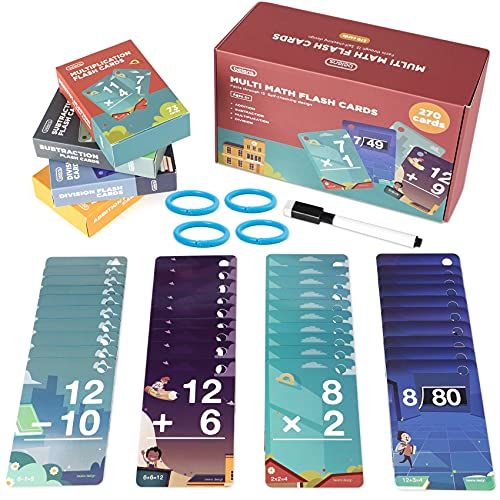  [아마존베스트]beiens Multi Math Flash Cards, 270 Addition, Subtraction, Multiplication, Division Cards, All Facts 0-12 with 1 Erasable Pen 4 Rings, Math Games Set for Kids Age 6+ 3rd 4th 5th 6th