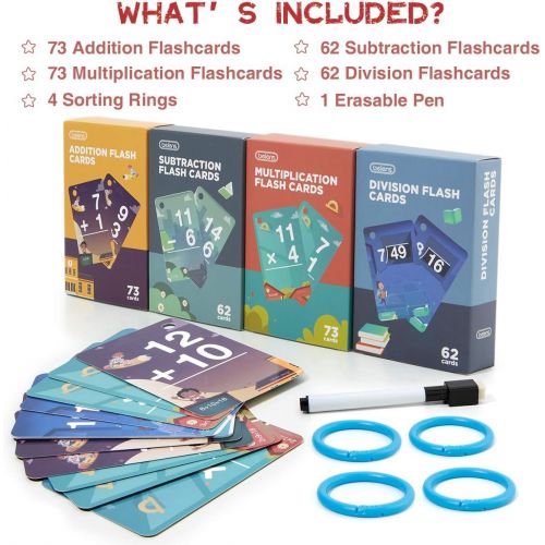  [아마존베스트]beiens Multi Math Flash Cards, 270 Addition, Subtraction, Multiplication, Division Cards, All Facts 0-12 with 1 Erasable Pen 4 Rings, Math Games Set for Kids Age 6+ 3rd 4th 5th 6th