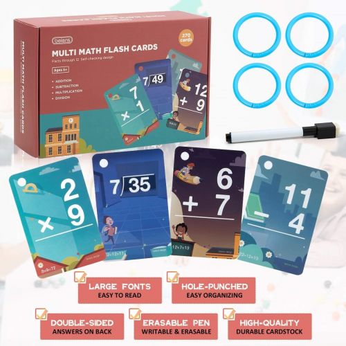  [아마존베스트]beiens Multi Math Flash Cards, 270 Addition, Subtraction, Multiplication, Division Cards, All Facts 0-12 with 1 Erasable Pen 4 Rings, Math Games Set for Kids Age 6+ 3rd 4th 5th 6th